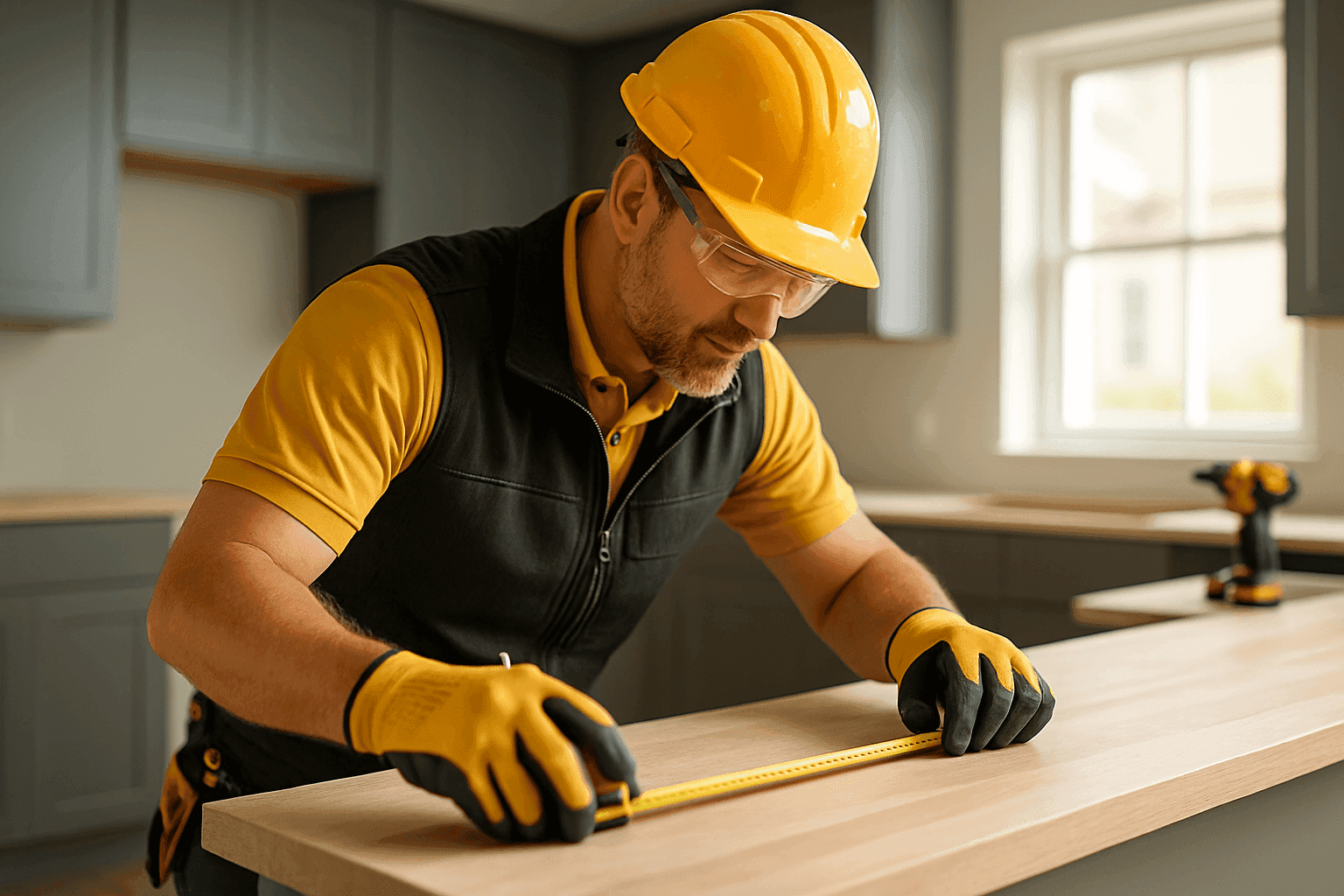 Worker in PPE measuring countertop during professional kitchen remodeling in clean home